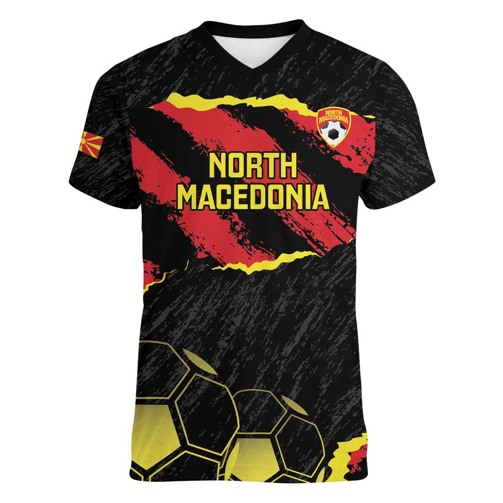 Custom North Macedonia Football Women V-Neck T-Shirt Go Champions Grunge Style