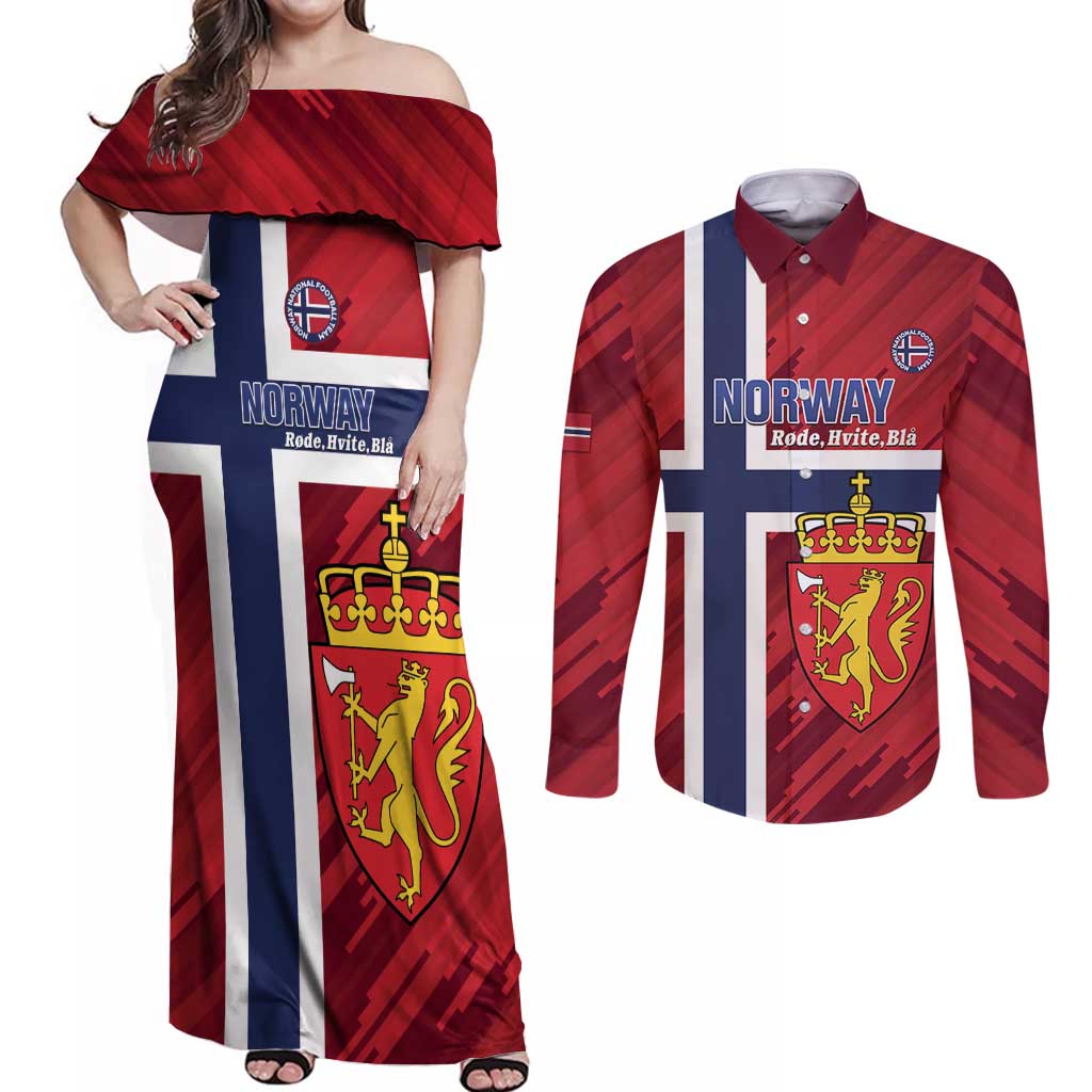 Custom Norway Football Couples Matching Off Shoulder Maxi Dress and Long Sleeve Button Shirt Come On Kongeriket Norge