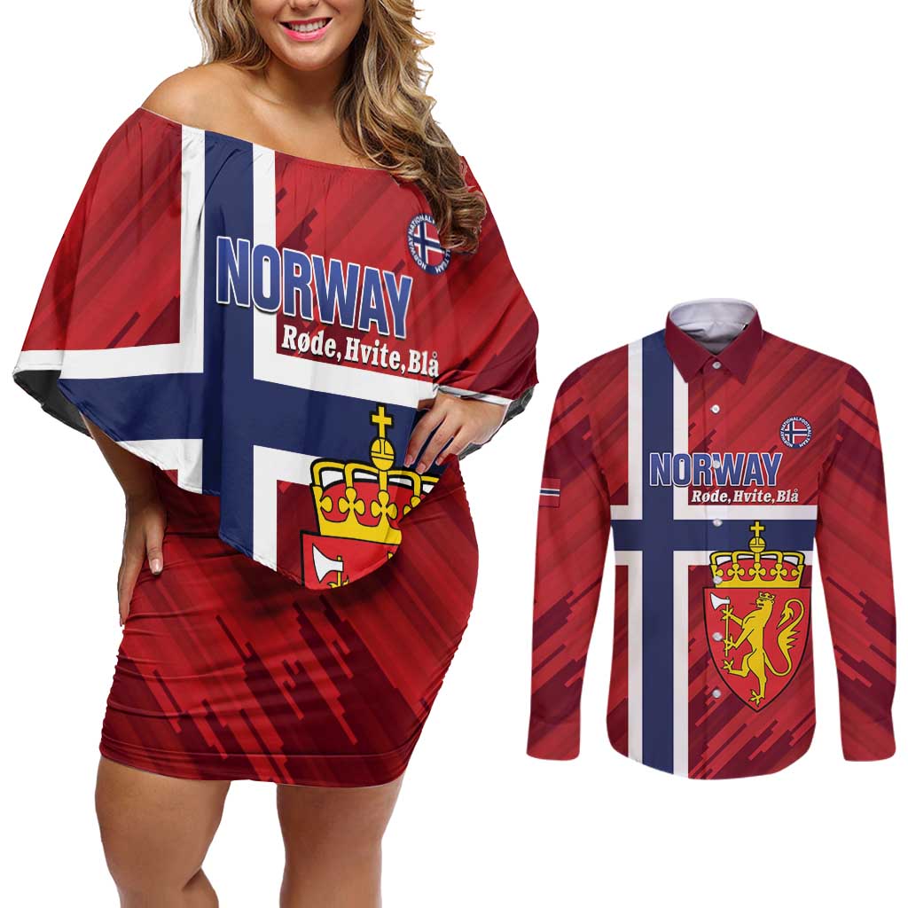 Custom Norway Football Couples Matching Off Shoulder Short Dress and Long Sleeve Button Shirt Come On Kongeriket Norge