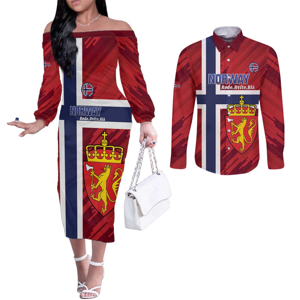 Custom Norway Football Couples Matching Off The Shoulder Long Sleeve Dress and Long Sleeve Button Shirt Come On Kongeriket Norge