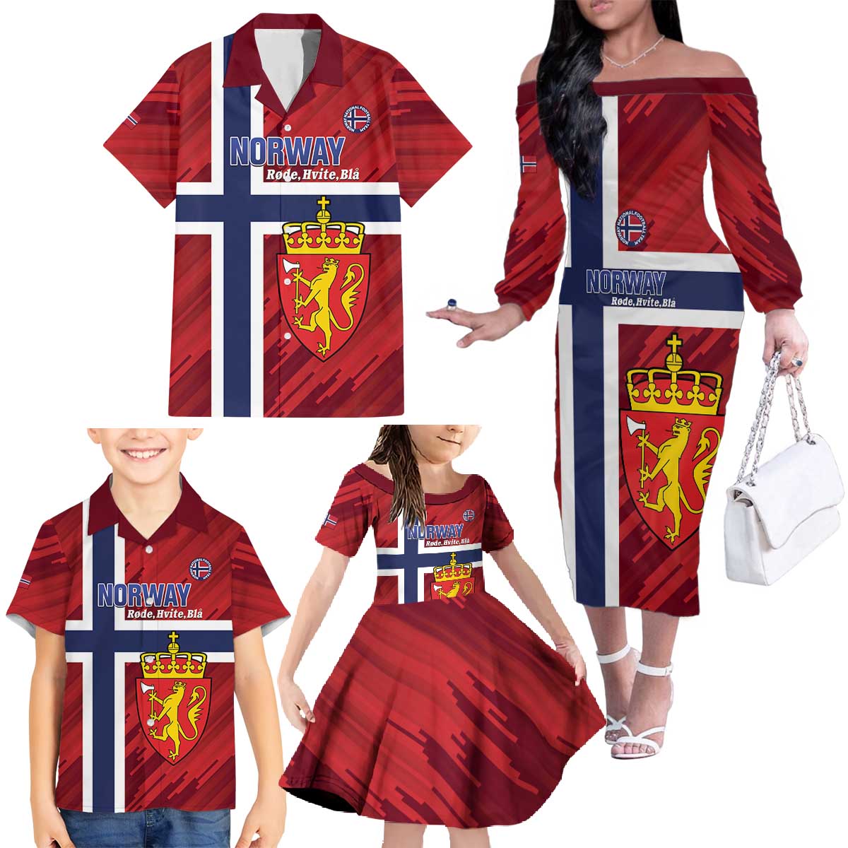 Custom Norway Football Family Matching Off The Shoulder Long Sleeve Dress and Hawaiian Shirt Come On Kongeriket Norge