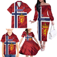 Custom Norway Football Family Matching Off The Shoulder Long Sleeve Dress and Hawaiian Shirt Come On Kongeriket Norge