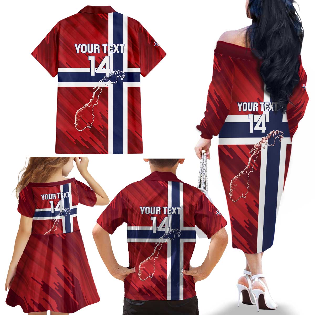 Custom Norway Football Family Matching Off The Shoulder Long Sleeve Dress and Hawaiian Shirt Come On Kongeriket Norge