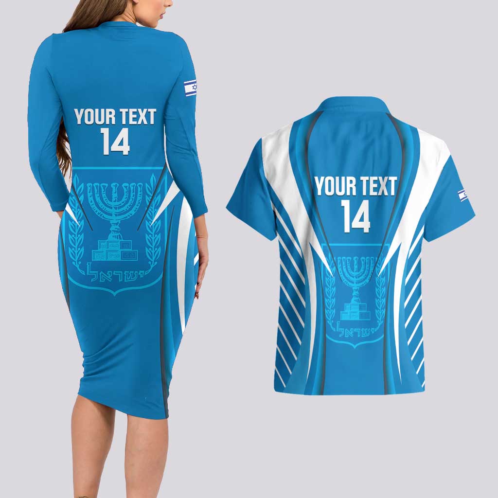 Custom Israel Football Couples Matching Long Sleeve Bodycon Dress and Hawaiian Shirt Come On Sky Blue and Whites