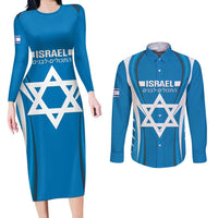 Custom Israel Football Couples Matching Long Sleeve Bodycon Dress and Long Sleeve Button Shirt Come On Sky Blue and Whites