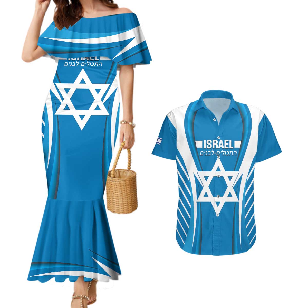 Custom Israel Football Couples Matching Mermaid Dress and Hawaiian Shirt Come On Sky Blue and Whites