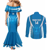Custom Israel Football Couples Matching Mermaid Dress and Long Sleeve Button Shirt Come On Sky Blue and Whites