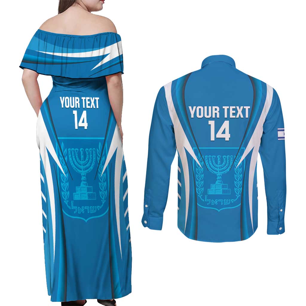 Custom Israel Football Couples Matching Off Shoulder Maxi Dress and Long Sleeve Button Shirt Come On Sky Blue and Whites
