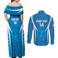 Custom Israel Football Couples Matching Off Shoulder Maxi Dress and Long Sleeve Button Shirt Come On Sky Blue and Whites