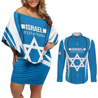 Custom Israel Football Couples Matching Off Shoulder Short Dress and Long Sleeve Button Shirt Come On Sky Blue and Whites