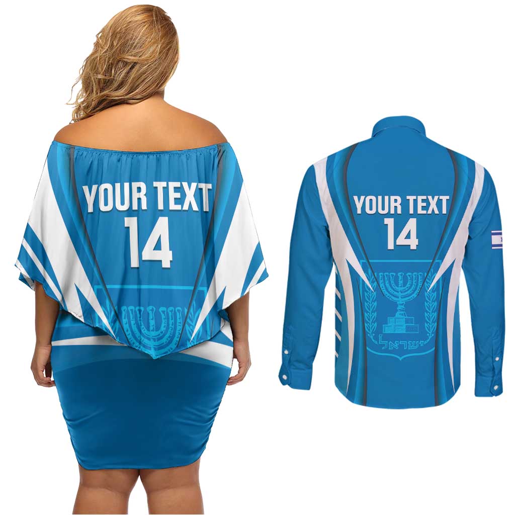 Custom Israel Football Couples Matching Off Shoulder Short Dress and Long Sleeve Button Shirt Come On Sky Blue and Whites