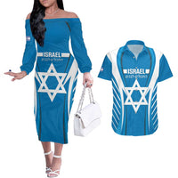 Custom Israel Football Couples Matching Off The Shoulder Long Sleeve Dress and Hawaiian Shirt Come On Sky Blue and Whites