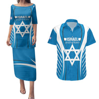 Custom Israel Football Couples Matching Puletasi and Hawaiian Shirt Come On Sky Blue and Whites