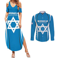 Custom Israel Football Couples Matching Summer Maxi Dress and Long Sleeve Button Shirt Come On Sky Blue and Whites
