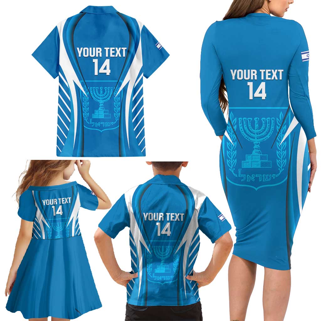 Custom Israel Football Family Matching Long Sleeve Bodycon Dress and Hawaiian Shirt Come On Sky Blue and Whites