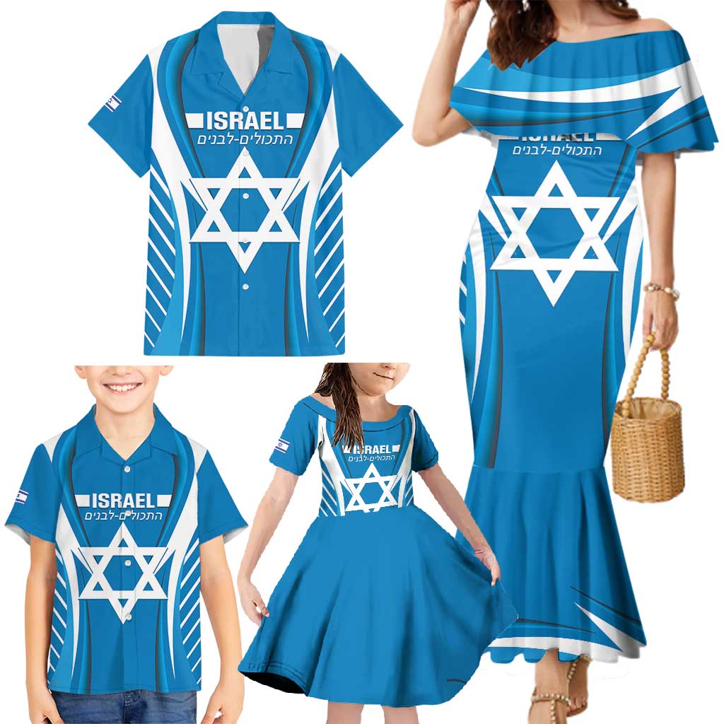 Custom Israel Football Family Matching Mermaid Dress and Hawaiian Shirt Come On Sky Blue and Whites