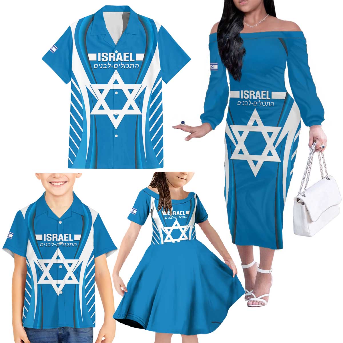 Custom Israel Football Family Matching Off The Shoulder Long Sleeve Dress and Hawaiian Shirt Come On Sky Blue and Whites