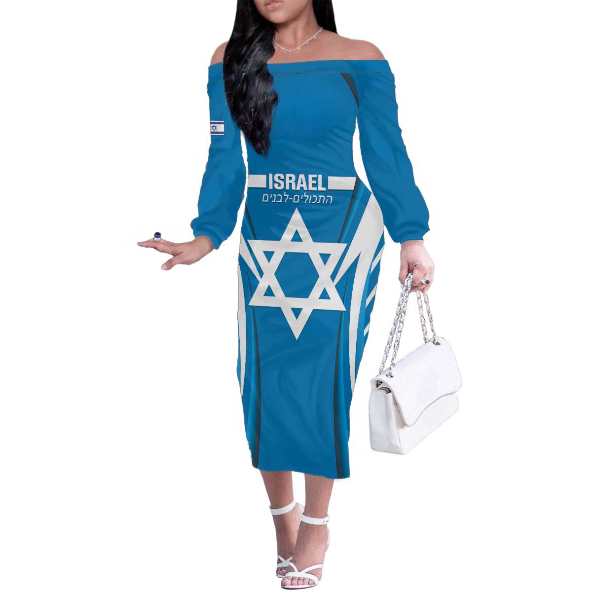 Custom Israel Football Family Matching Off The Shoulder Long Sleeve Dress and Hawaiian Shirt Come On Sky Blue and Whites