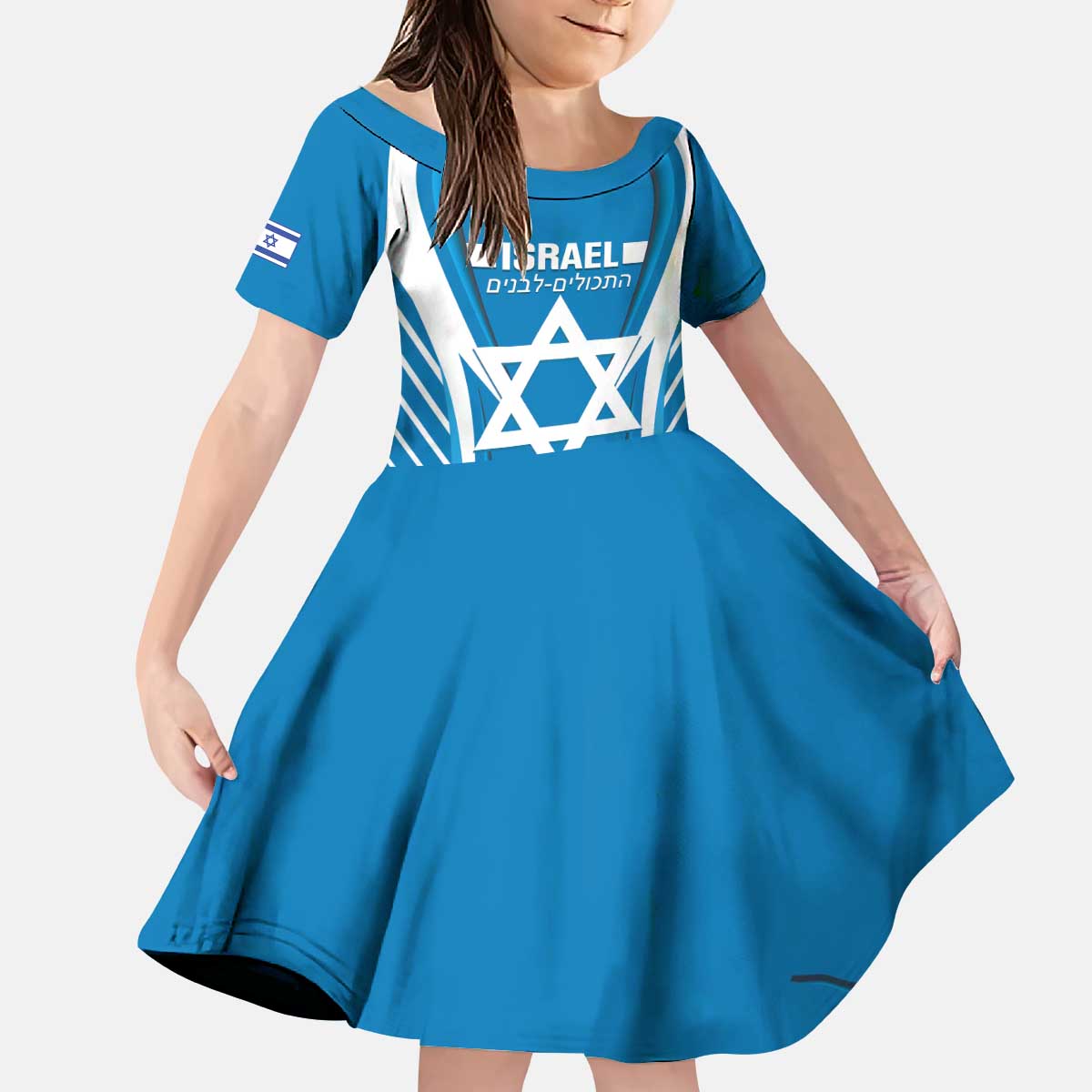 Custom Israel Football Kid Short Sleeve Dress Come On Sky Blue and Whites