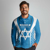 Custom Israel Football Long Sleeve Polo Shirt Come On Sky Blue and Whites