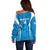 Custom Israel Football Off Shoulder Sweater Come On Sky Blue and Whites