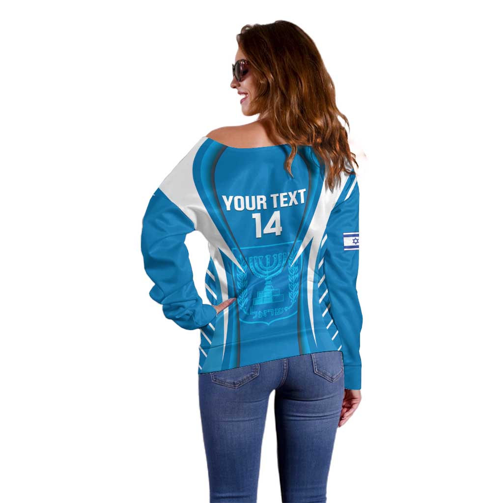 Custom Israel Football Off Shoulder Sweater Come On Sky Blue and Whites