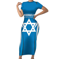 Custom Israel Football Short Sleeve Bodycon Dress Come On Sky Blue and Whites
