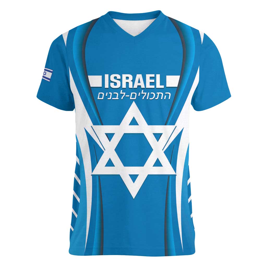 Custom Israel Football Women V-Neck T-Shirt Come On Sky Blue and Whites