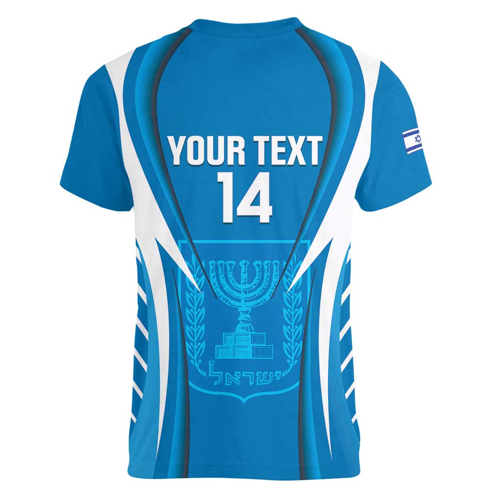 Custom Israel Football Women V-Neck T-Shirt Come On Sky Blue and Whites
