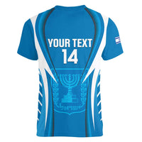Custom Israel Football Women V-Neck T-Shirt Come On Sky Blue and Whites