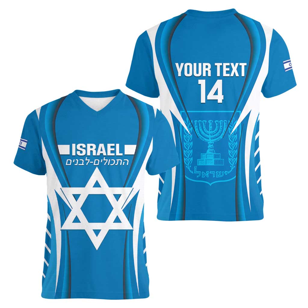 Custom Israel Football Women V-Neck T-Shirt Come On Sky Blue and Whites