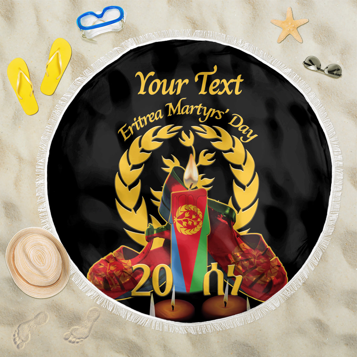 Custom Eritrea Martyrs' Day Beach Blanket 20 June Shida Shoes With Candles - Black - Wonder Print Shop