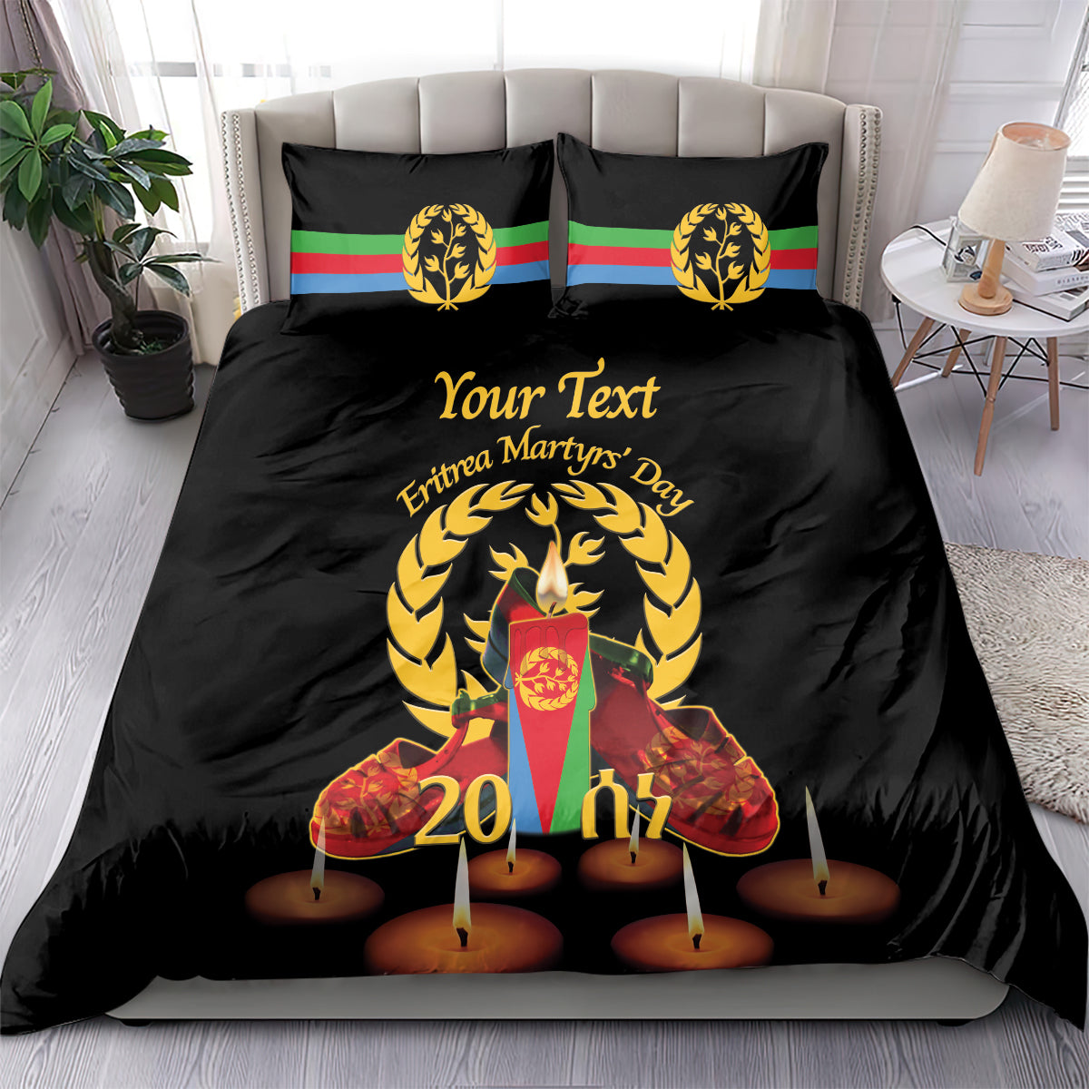Custom Eritrea Martyrs' Day Bedding Set 20 June Shida Shoes With Candles - Black - Wonder Print Shop