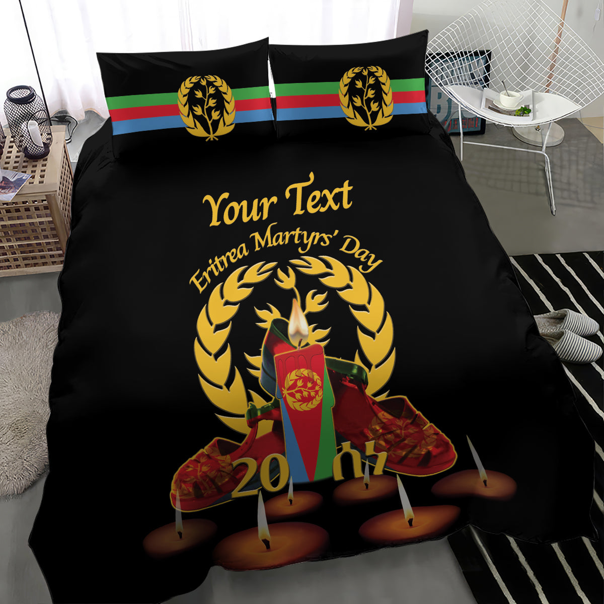 Custom Eritrea Martyrs' Day Bedding Set 20 June Shida Shoes With Candles - Black - Wonder Print Shop