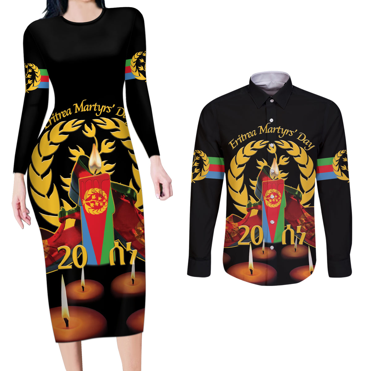 Custom Eritrea Martyrs' Day Couples Matching Long Sleeve Bodycon Dress and Long Sleeve Button Shirt 20 June Shida Shoes With Candles - Black - Wonder Print Shop