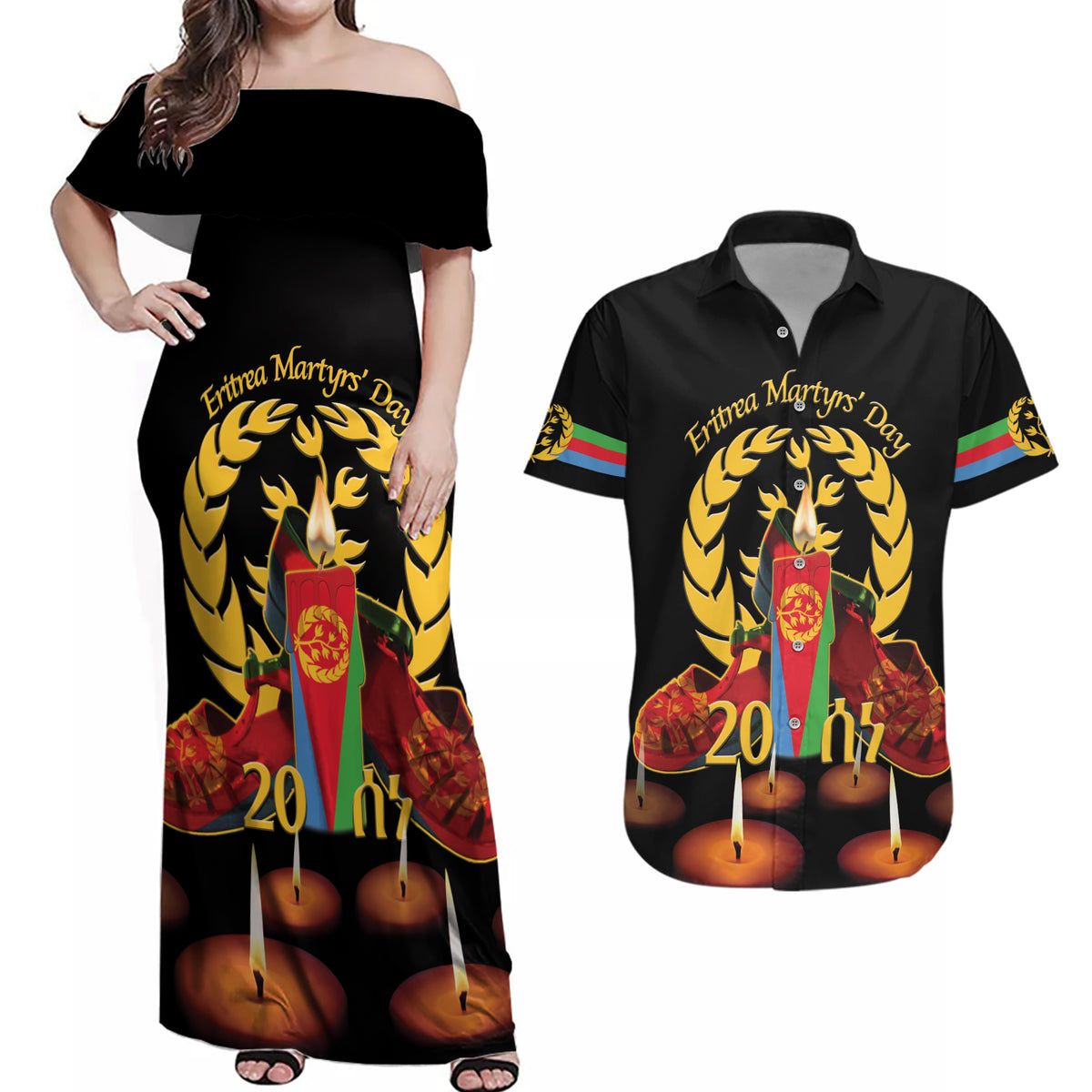 Custom Eritrea Martyrs' Day Couples Matching Off Shoulder Maxi Dress and Hawaiian Shirt 20 June Shida Shoes With Candles - Black - Wonder Print Shop
