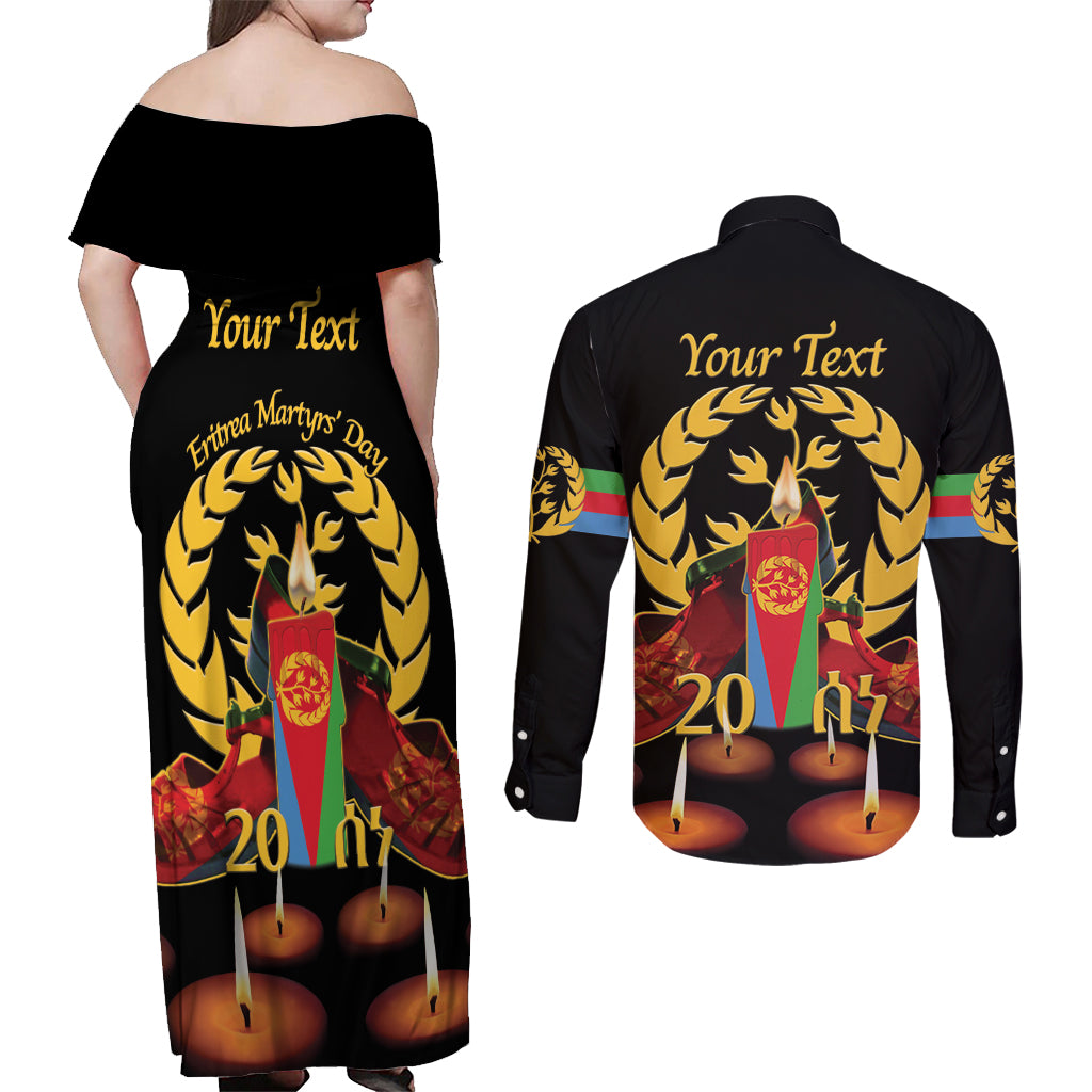 Custom Eritrea Martyrs' Day Couples Matching Off Shoulder Maxi Dress and Long Sleeve Button Shirt 20 June Shida Shoes With Candles - Black - Wonder Print Shop