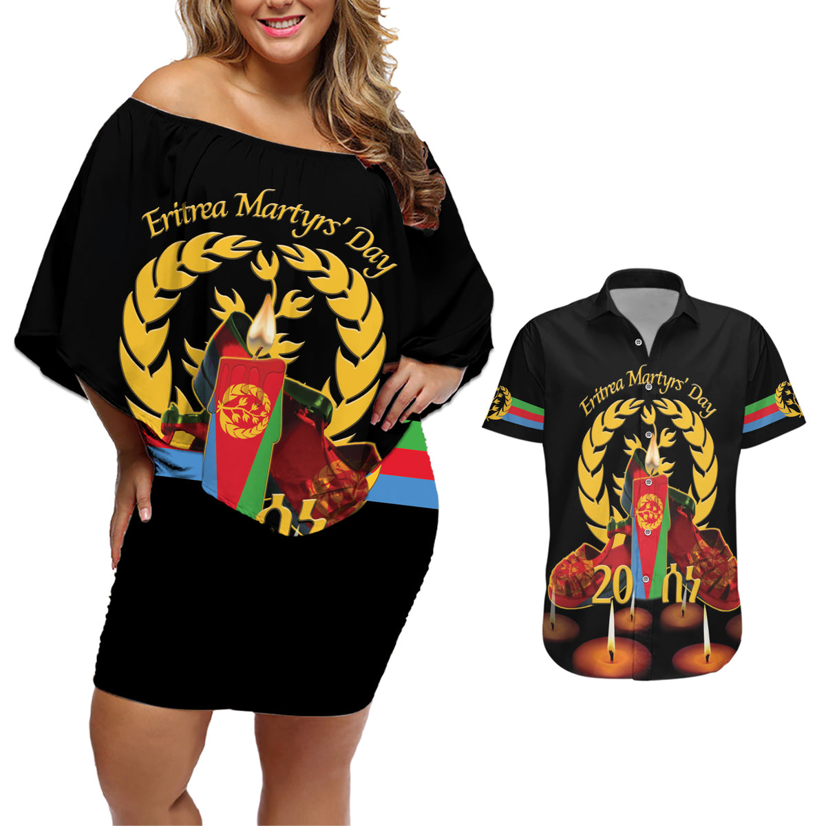 Custom Eritrea Martyrs' Day Couples Matching Off Shoulder Short Dress and Hawaiian Shirt 20 June Shida Shoes With Candles - Black - Wonder Print Shop