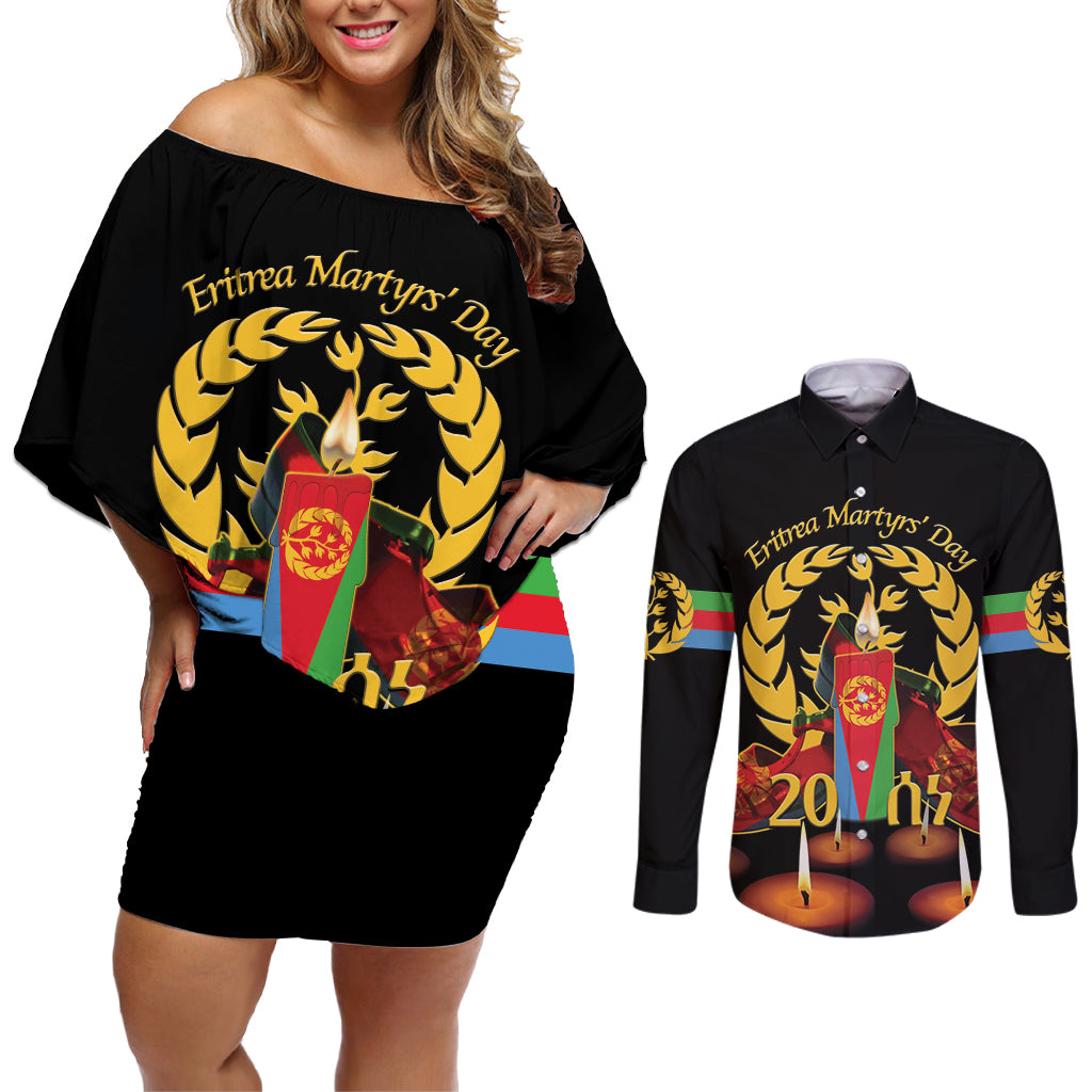 Custom Eritrea Martyrs' Day Couples Matching Off Shoulder Short Dress and Long Sleeve Button Shirt 20 June Shida Shoes With Candles - Black - Wonder Print Shop