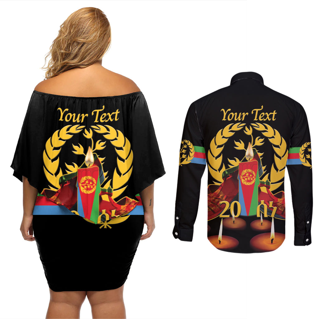 Custom Eritrea Martyrs' Day Couples Matching Off Shoulder Short Dress and Long Sleeve Button Shirt 20 June Shida Shoes With Candles - Black - Wonder Print Shop