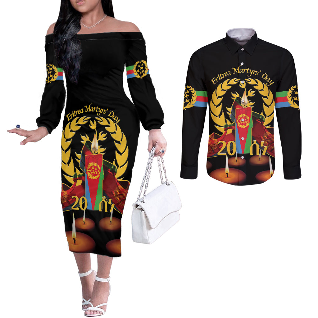 Custom Eritrea Martyrs' Day Couples Matching Off The Shoulder Long Sleeve Dress and Long Sleeve Button Shirt 20 June Shida Shoes With Candles - Black