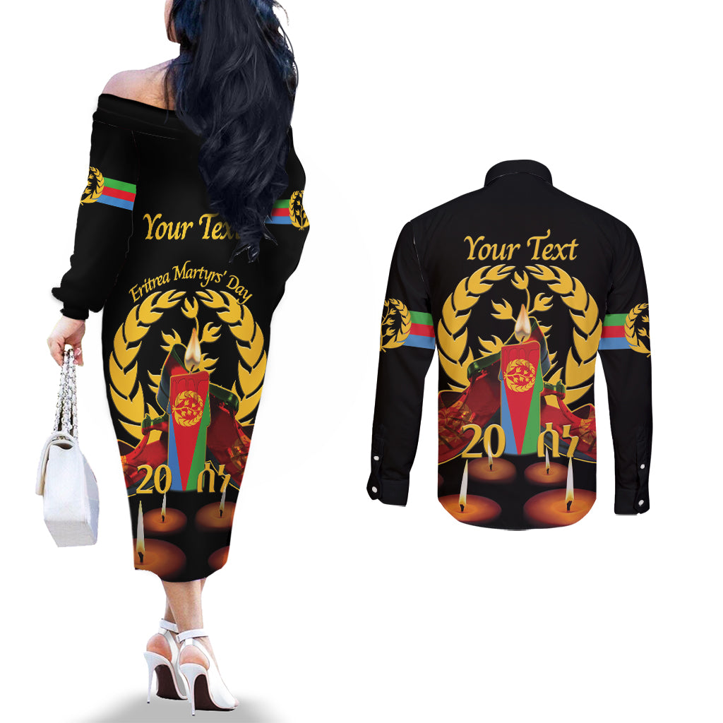 Custom Eritrea Martyrs' Day Couples Matching Off The Shoulder Long Sleeve Dress and Long Sleeve Button Shirt 20 June Shida Shoes With Candles - Black