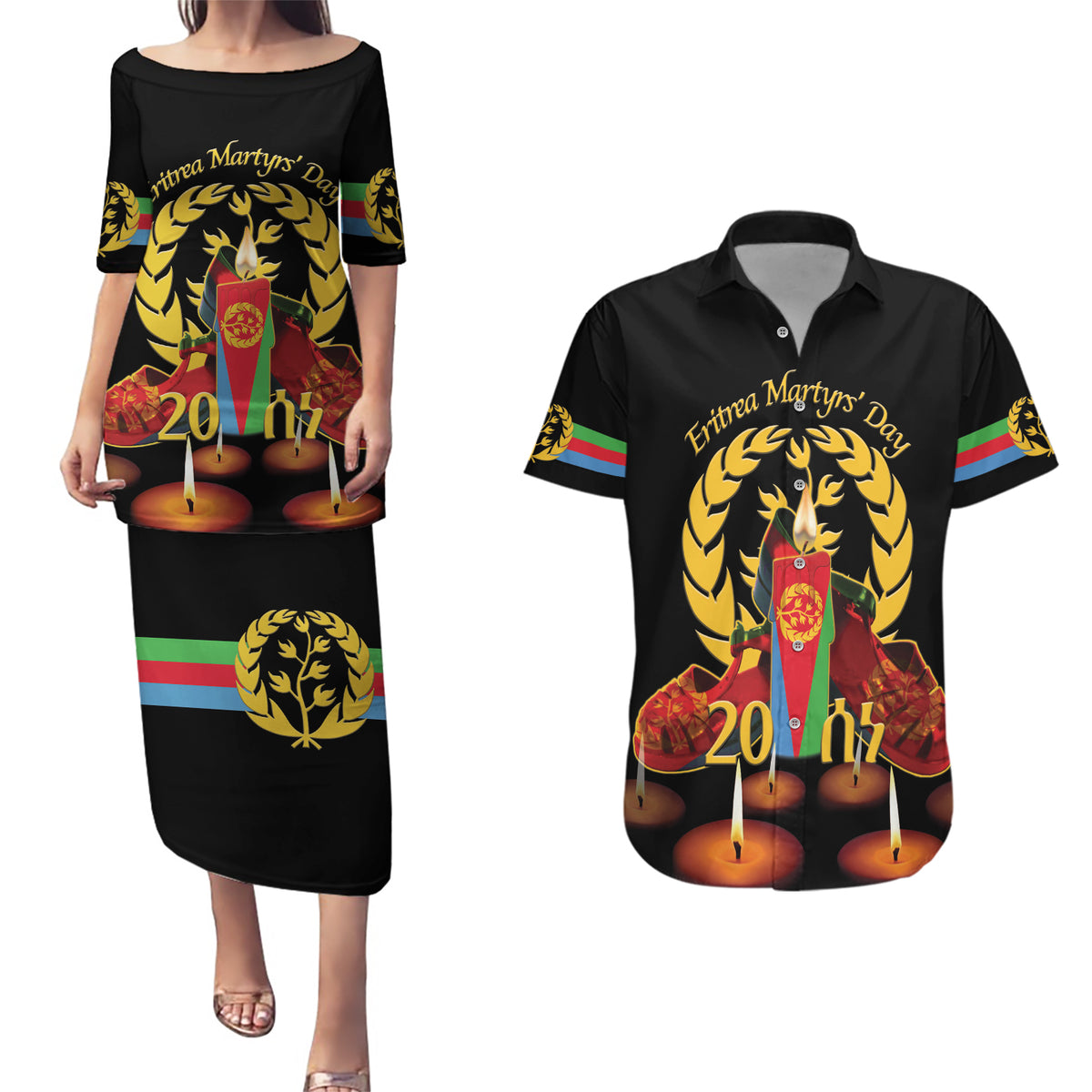 Custom Eritrea Martyrs' Day Couples Matching Puletasi and Hawaiian Shirt 20 June Shida Shoes With Candles - Black - Wonder Print Shop