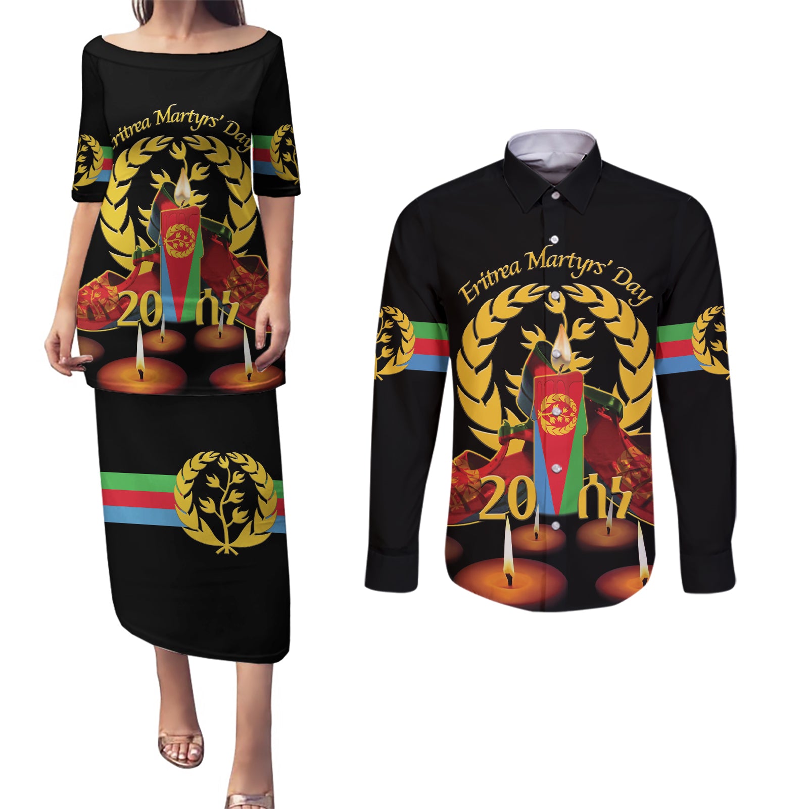 Custom Eritrea Martyrs' Day Couples Matching Puletasi and Long Sleeve Button Shirt 20 June Shida Shoes With Candles - Black - Wonder Print Shop