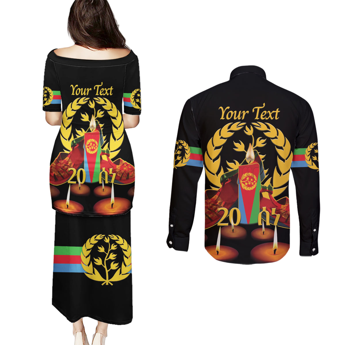Custom Eritrea Martyrs' Day Couples Matching Puletasi and Long Sleeve Button Shirt 20 June Shida Shoes With Candles - Black - Wonder Print Shop