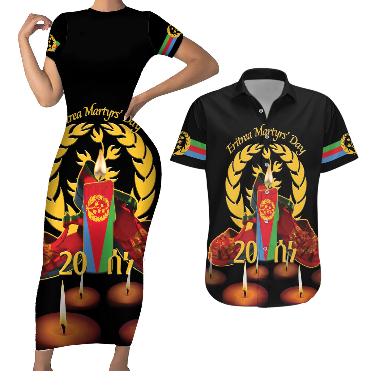 Custom Eritrea Martyrs' Day Couples Matching Short Sleeve Bodycon Dress and Hawaiian Shirt 20 June Shida Shoes With Candles - Black - Wonder Print Shop