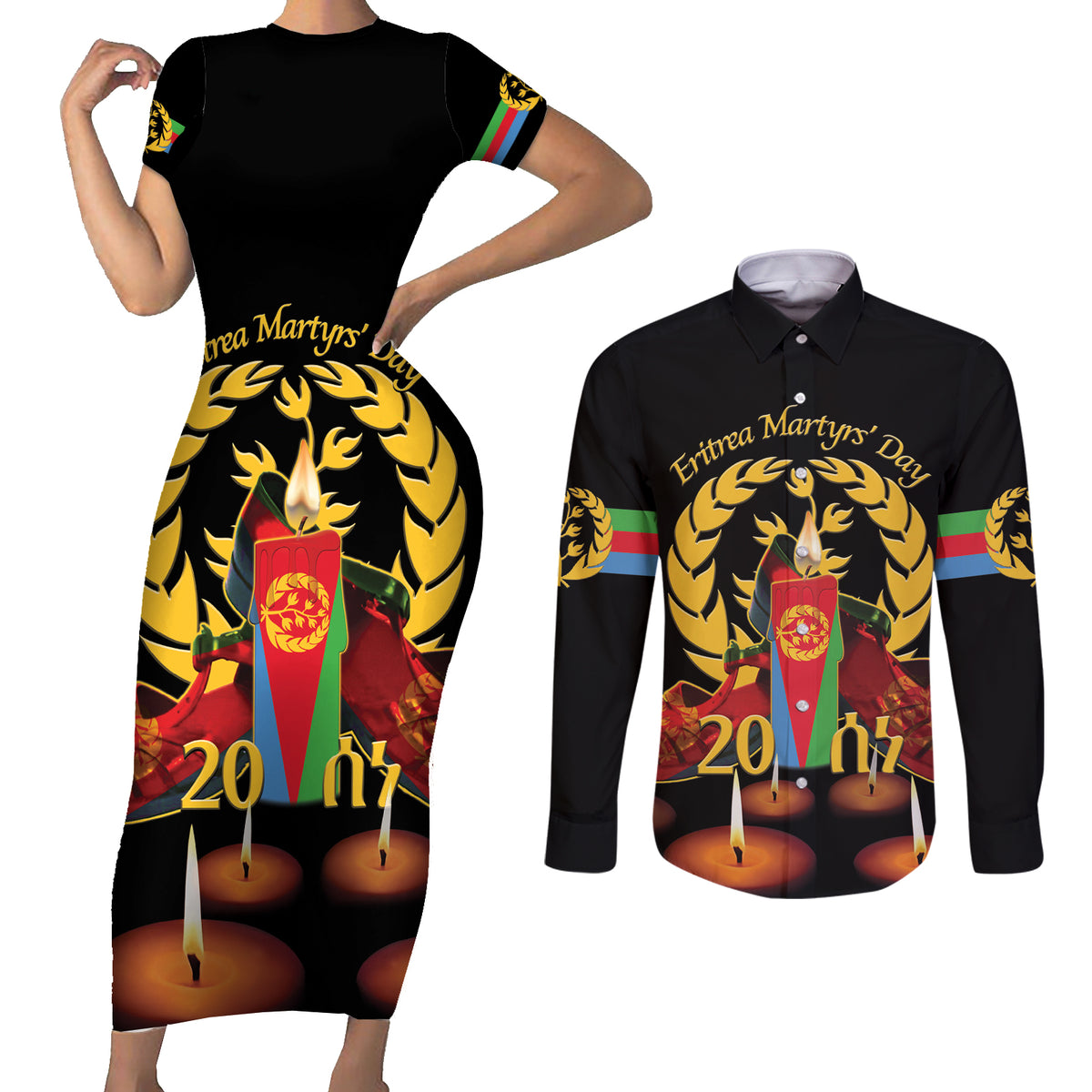 Custom Eritrea Martyrs' Day Couples Matching Short Sleeve Bodycon Dress and Long Sleeve Button Shirt 20 June Shida Shoes With Candles - Black - Wonder Print Shop