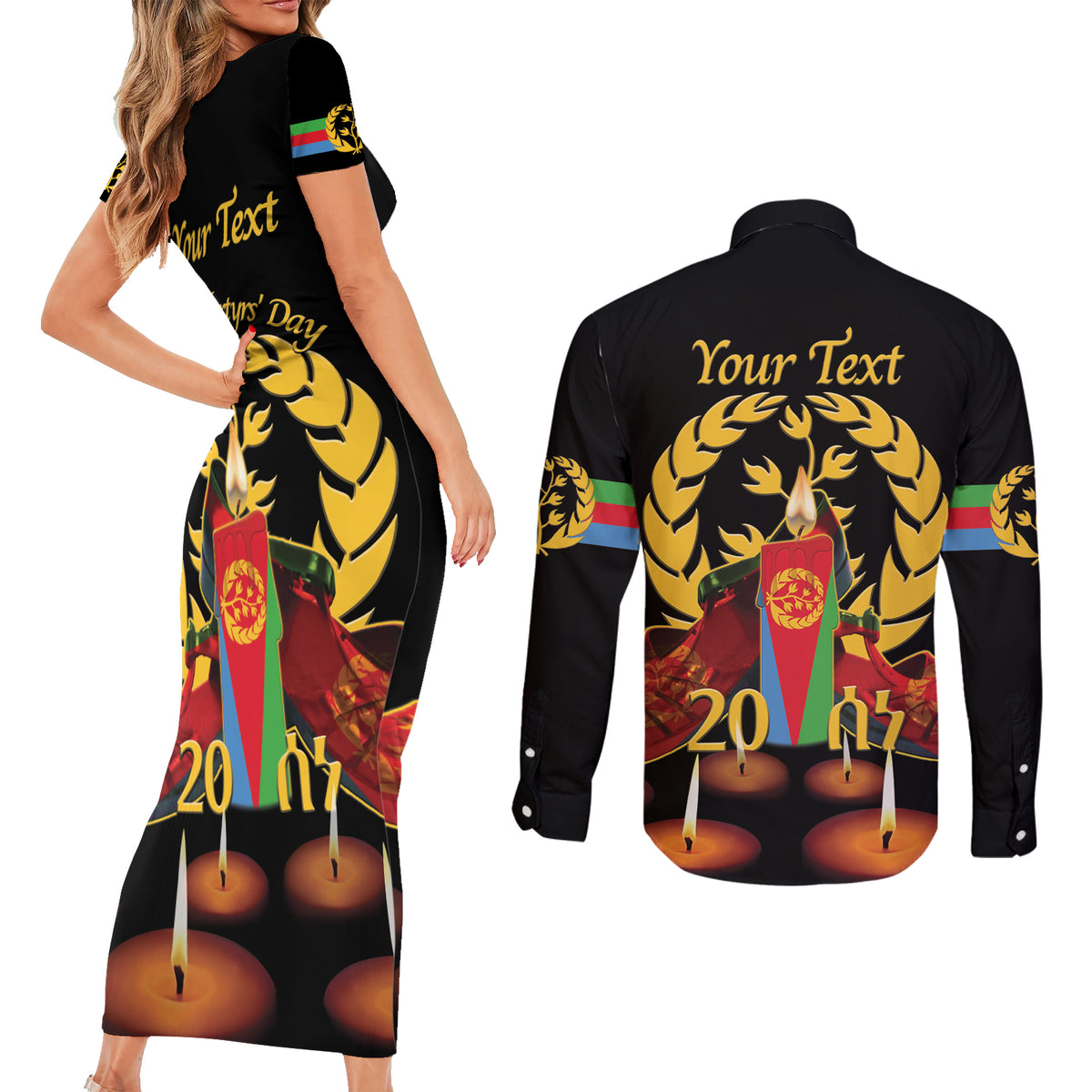 Custom Eritrea Martyrs' Day Couples Matching Short Sleeve Bodycon Dress and Long Sleeve Button Shirt 20 June Shida Shoes With Candles - Black - Wonder Print Shop