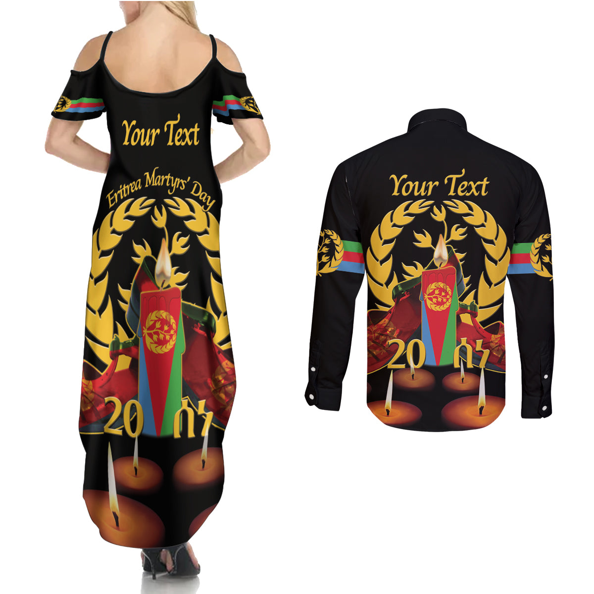 Custom Eritrea Martyrs' Day Couples Matching Summer Maxi Dress and Long Sleeve Button Shirt 20 June Shida Shoes With Candles - Black - Wonder Print Shop