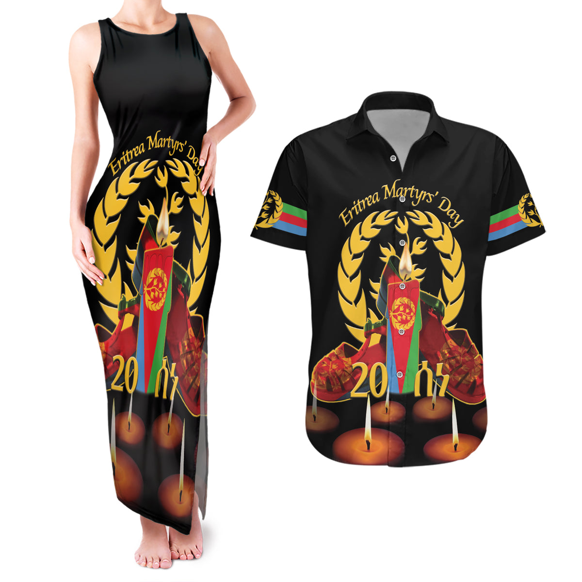 Custom Eritrea Martyrs' Day Couples Matching Tank Maxi Dress and Hawaiian Shirt 20 June Shida Shoes With Candles - Black - Wonder Print Shop